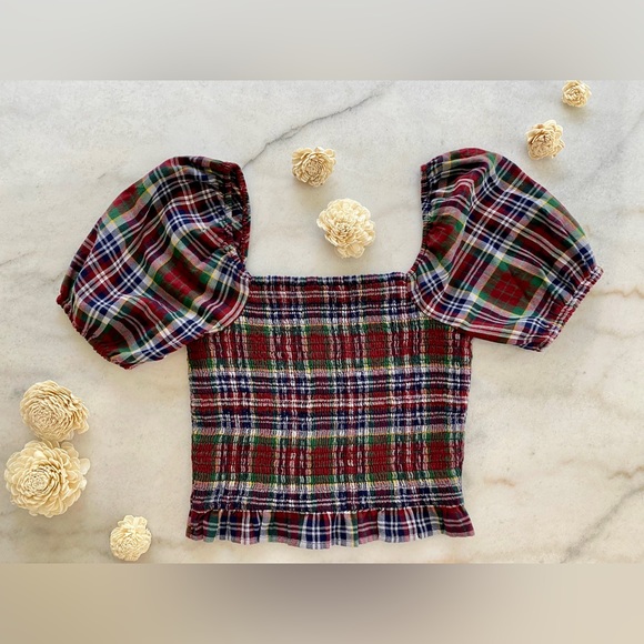 ❌SOLD❌ American Eagle Maroon Plaid Smocked Puff-Sleeve Blouse - Picture 3 of 9